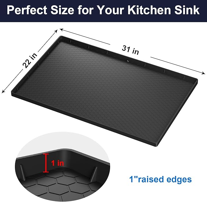 Under Sink Mat - 31" x 22" Waterproof Kitchen Cabinet Mat - Flexible Silicone Under Sink Liner - Kitchen Bathroom Cabinet Mat and Protector for Drips Leaks Spills (Black)