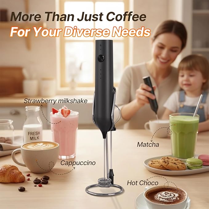 Handheld Milk Frother, Powerful Milk Frother for Coffee,Rechargeable Electric Frother with Stand,3-Speed Drink Mixer for Latte, Matcha, Protein Shakes, Hot Chocolate, Cappuccino, Egg Whisk