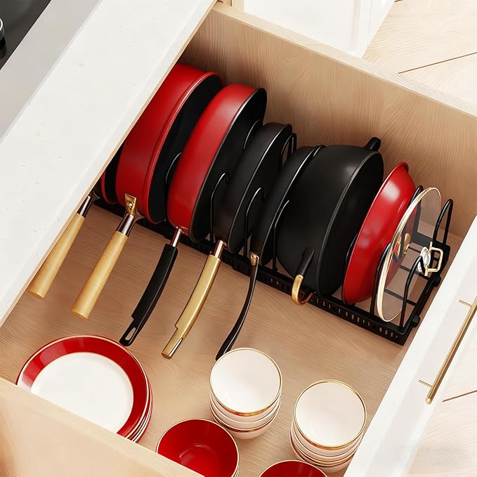 Pots and Pans Organizer for Under Cabinet, Expandable 11.81''-22.85'' Kitchen Organizer with 13 Adjustable Compartments, Pot Lid Pan Rack for Cabinet Drawer Countertop, Bakeware Cutting Board