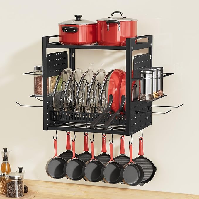 16 Inch Pot Rack Wall Mounted, 2-Tier Pots and Pans Organizer with 10 Hooks & Pan Organizer and Spice Rack, Heavy Duty Hanging Pot Hanger for Kitchen Cookware, Utensils, Black