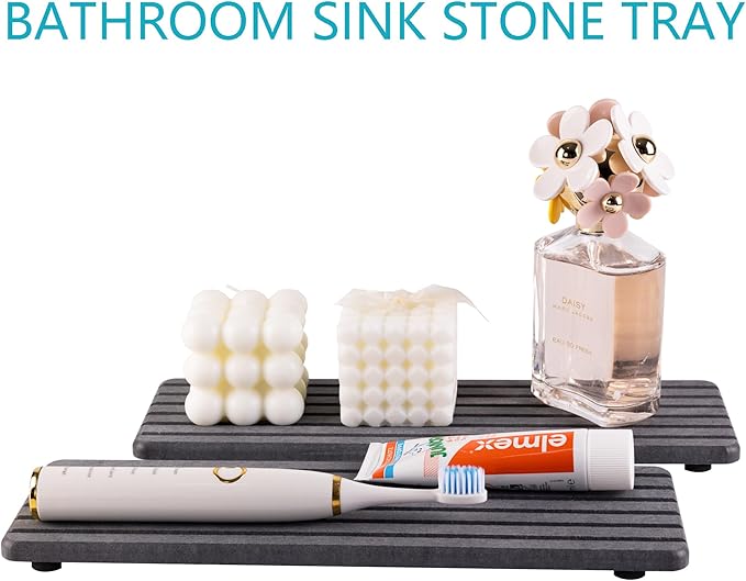 NiuYichee 2 PCS Water Absorbent diatomite Coasters, 12.2" x 4" Water Absorbing Stone Tray for Sink, Stone Drying mat for Kitchen Counter, Stone soap Tray Used for Hand Soaps & toiletries & Plants