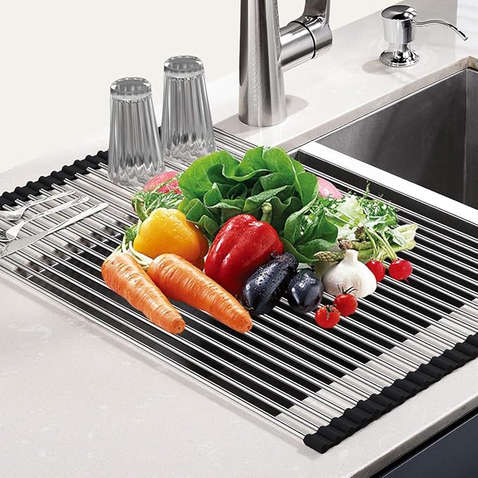 SunCleanse Roll Up Dish Drying Rack, Over The Sink Dish Drying Rack Kitchen Rolling Dish Drainer, Foldable Sink Rack Mat for Kitchen Sink Counter (17.8"x11.8")
