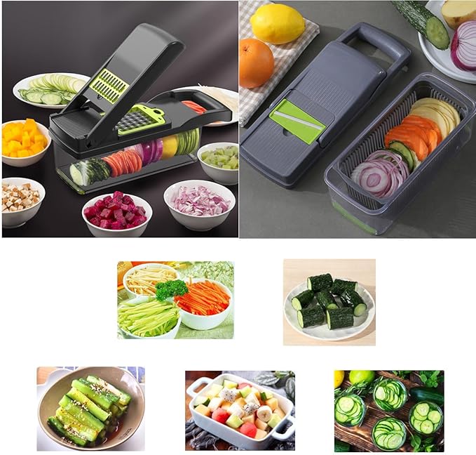 Vegetable Chopper with Container, Multifunctional 14-in-1 Food Veggie Chopper Cutter Slicer for Salad Onion Potato Carrot Garlic, Essential Kitchen Gadgets (Gray)