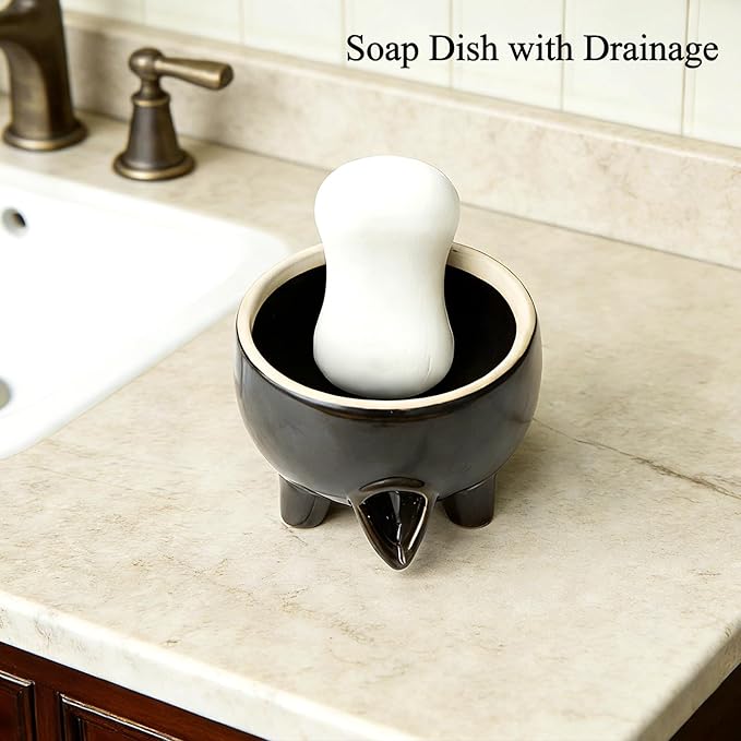 Ceramic Sponge Holder with Drainage, Modern Black Sink Caddy Organizer, Sponge Dish Rack for Soap, Brushes, Keeps Countertop Dry, Kitchen Sink Accessory