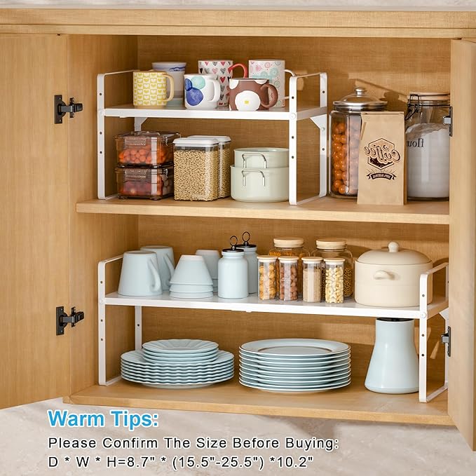 15.5 to 25.5 Inch Kitchen Cabinet Shelf Organizers, Adjustable Kitchen Counter Shelf Organizer, Set of 3 Expandable Countertop Storage Shelves, Stackable Design, 30LBS Heavy Duty, Space Saver