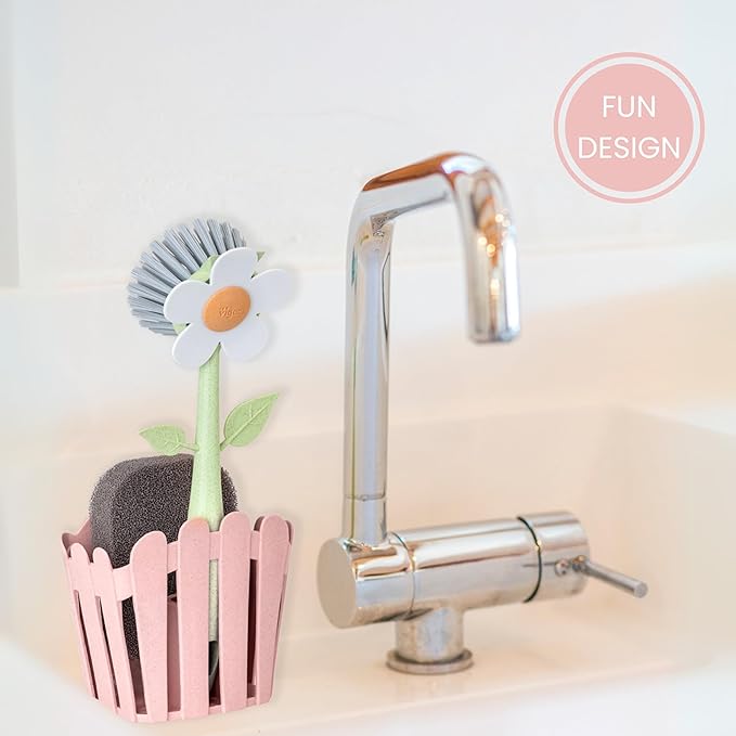 Vigar Florganic Kitchen Sink Caddy Organizer - Dish Sponge Holder with Flower Dish Brush, Suction Cup & Sponge for Kitchen Sink, Decorative Kitchen Sink Accessories Countertop Storage Set - Pink