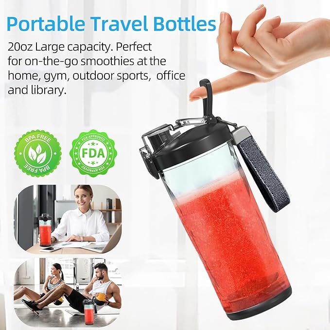 DENOKIN Portable Blender, Shakes and Smoothies Cordless Personal Size Blender 20oz with 6 Blade and a Travel Lid (Elegant Black)