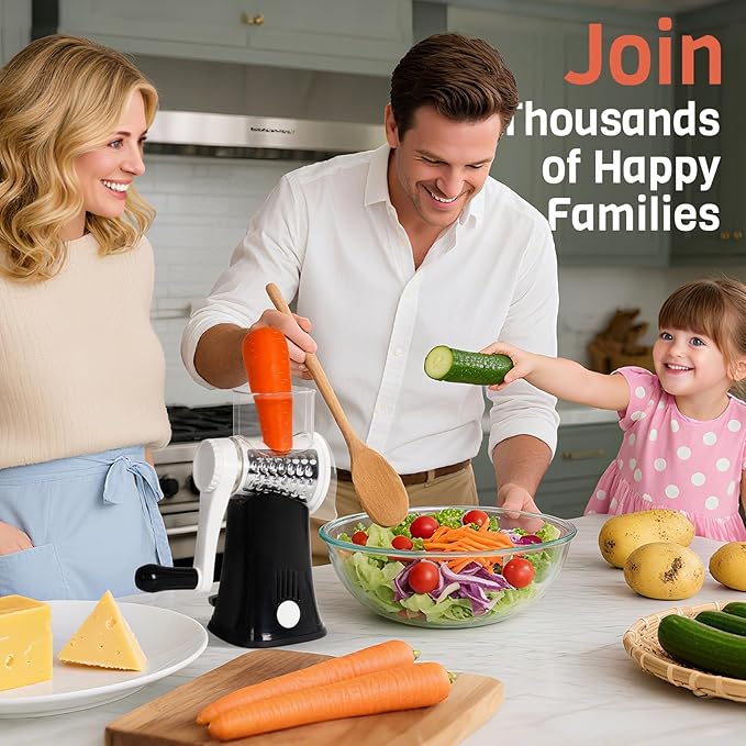 5-in-1 Rotary Cheese Grater Hand Crank, Vegetable Slicer Shredder with 5 Interchangeable Blades, Graters for Kitchen, Safe Kitchen Tool for Cheese, Nuts, Chocolate, Black