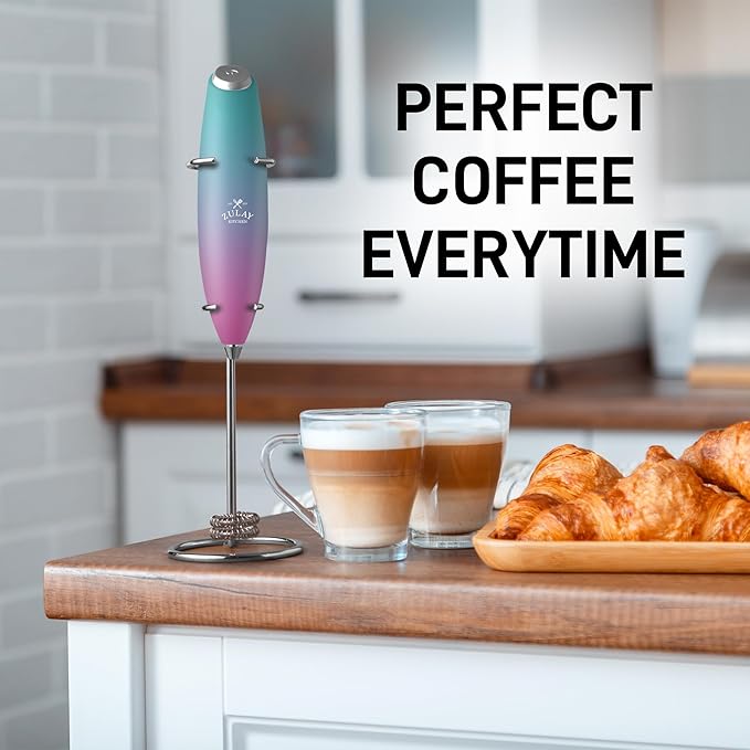 Zulay Kitchen Powerful Double Whisk Milk Frother Handheld - Foam Maker With Stand - Whisk Drink Mixer for Coffee, Mini Foamer for Latte, Matcha, Frappe, Hot Chocolate & Cappuccino - Orchid Fade