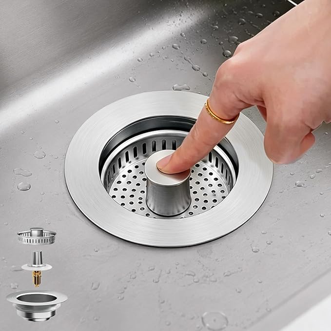 3 in 1 Kitchen Sink Drain Strainer, Universal Pop Up Stopper with Brass Core & Removable Stainless Steel Filter Basket, Anti-Clogging Sink Drain Strainer for US Standard 3-1/2'' Drain Hole
