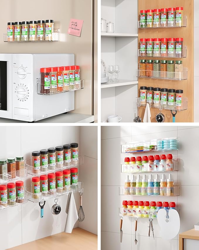 Nieifi Spice Rack Wall Mount, 4 Pack, Clear, Screw or Adhesive Installation, Spice Rack Organizer for Small Spice Jars, Suitable for Kitchen Cabinet or Pantry Door