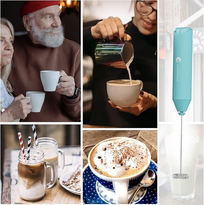 Powerful Milk Frother Handheld Foam Maker, Mini Whisk Drink Mixer for Coffee, Cappuccino, Latte, Matcha, Hot Chocolate, NO Stand, Aqua