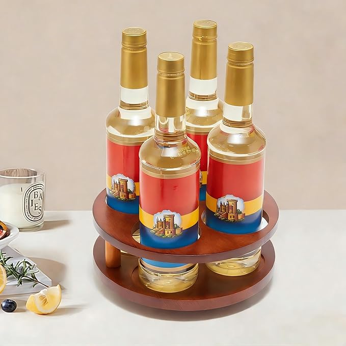 Wood Rotating Coffee Syrup Organizer, 4 Bottles Coffee Syrup Rack, Coffee Station Organizer with Large Base and Anti-Slip Pad