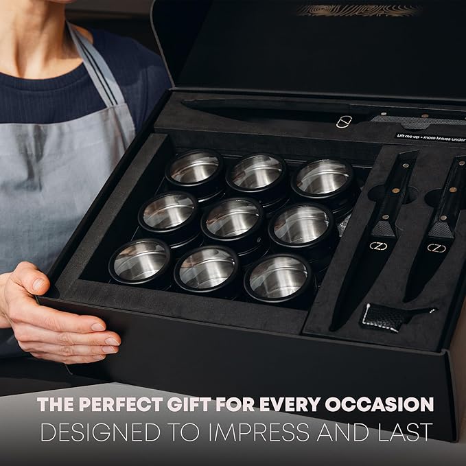 3-in-1 Magnetic Knife Block & Spice Rack Bundle - Ultra Sharp 60 HRC Chef Knife Set, Black Titanium Blades, 9 Spice Tins, Wall Mount Holder - All-in-One Kitchen Organizer + Mini Knife