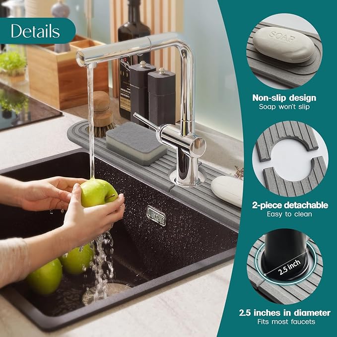 eormoe Faucet Mat for Kitchen Sink - Diatomaceous Earth Faucet Splash Guard, Fast Drying Sink Protector - Water Absorbing Stone for Bathroom Sink (Grey, 19.5'' x 3.9'')