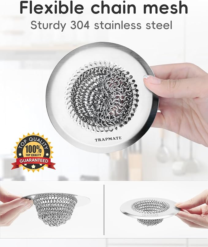 TRAPMATE 2 Pcs Kitchen Sink Drain Strainer, Stainless Steel Sink Strainer Basket with Easy Clean & Anti-Clog, Fits Garbage Disposal, Dishwasher Safe, Single & Double Bowl Sinks (Patented Product)