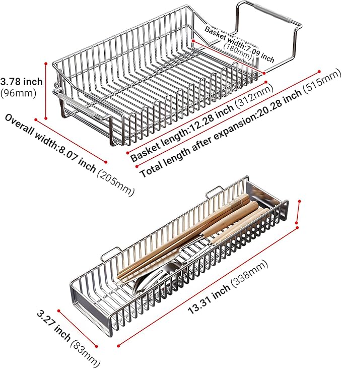 304 Stainless Steel Over Sink Counter Top Perfect Dish Drainer, Extendable Drainage Basket Drying Rack for Fruit, Vegetables, and Dishes - Corrosion-Resistant, Space-Saving