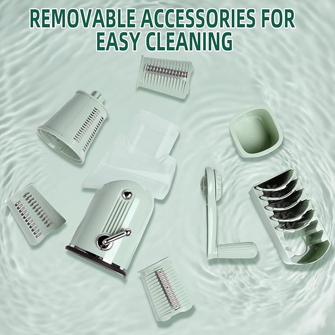 Rotary Cheese Grater with Handle, Vegetable Shredder with 5 Replaceable Blades & Strong Suction Base, Round Food Slicer & Chopper for Kitchen Fruit Vegetables Nuts with Blade Storage Box (Green)