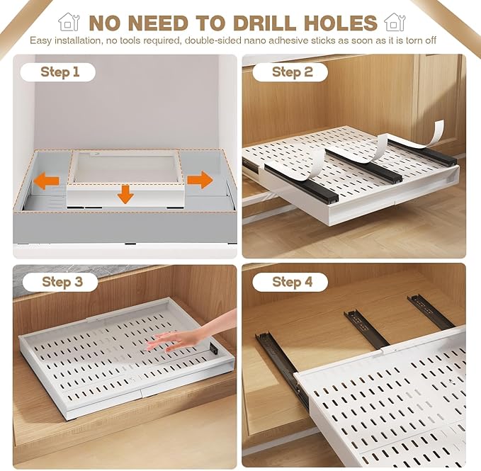 Seinloes Pull Out Cabinet Organizer, 4-Side Expandable to Fit Most Cabinets, 3 Rail Slide Out Drawers with Raising Pad for Framed & Frameless Cabinets, 11"-16" W x 13"-17" D, White, 2 Pack