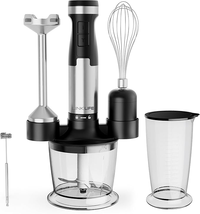 1200W Immersion Blender Handheld, 5-in-1 Variable Speed Emulsifier Hand Blender Stick with Whisk Chopper Milk Frother Mixing Cup and Storage Rack for Kitchen Soup, Purees, Baby Food and Smoothies