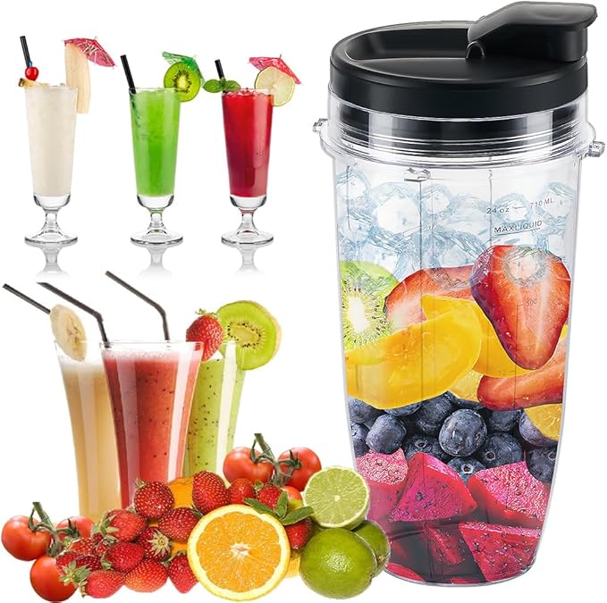 Replacement 24oz Blender Cup with Sip & Seal Lid For Nutri Ninja BL450 BL456 BL480 BL482 BL640 BL642 BL682 BN401 BN751 BN801 Foodi SS101 SS151 SS351 SS401 Ninja Blender Auto IQ Blade, 3-Pack