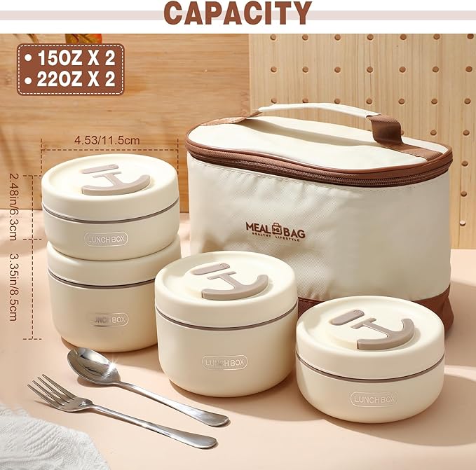 Dandat 4 Pcs Insulated Lunch Container, Portable Bento Box, Stainless Steel Lunch Box, Round Stackable Leakproof Thermal Food Container for Adult Men Women with Insulated Bag, 74 oz(Beige)