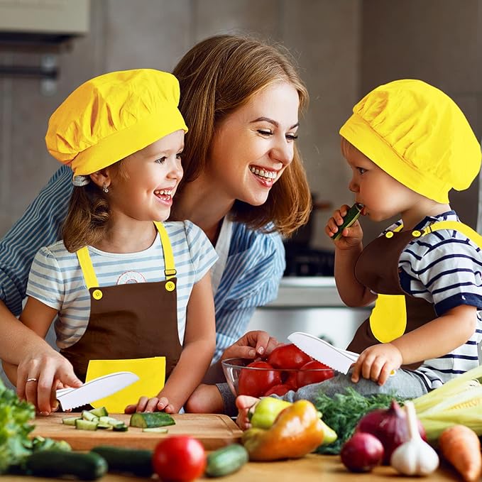 RISICULIS 21 Pieces Toddler Knife, Kids Knife Set Includes Wood Kids Safe Knifes, Plastic Toddler Knifes, Cutting Board, Apron, Chef Hat, Y Peeler, Crinkle Cutter, Cake Scraper