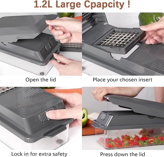 LHS Professional Multifunctional Vegetable Chopper Pro Food Chopper with Food Storage Containers, Mandoline Slicer Onion Dicer Fruit Cutter, Kitchen Gadgets and Home Essentials(11 in 1, Grey)