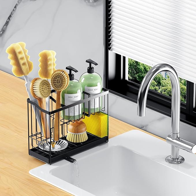 Kitchen Sink Caddy, 2-Tier Self-Draining Sponge & Dish Brush Holder, Rustproof 304 Stainless Steel Space-Saving Organizer with Drying Tray, Black