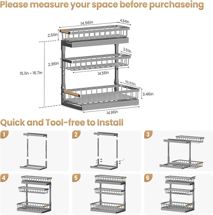 Under Sink Organizer and Storage for Bathroom and Kitchen - 2 Pack 3 Tier Under Cabinet Pull Out Shelf Organizers - Slide Out Drawer Organization for Home Cabinets Shelves and Drawers