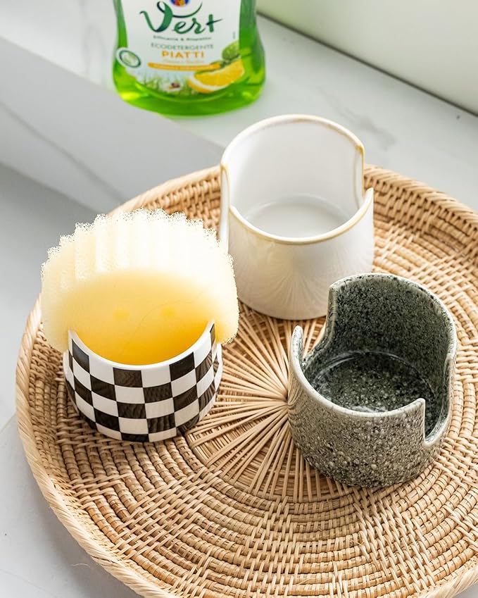 Zoeeker Sponge Holder for Kitchen Sink, Ceramic Dish Sponge Drying Caddy Scrubby Daddy Kitchen Organizer Cute Dish Rack for Sink Counter, Beige White