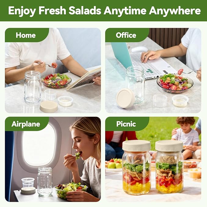 4 Pack Glass Salad Pod Mason Jar with Dressing Cup, 32 oz Salad Container to Go with Lids Meal Food Prep for Adults Lunch, Large Travel Mason Jar Bowl with 2 Insert Dressing & Topping Holder