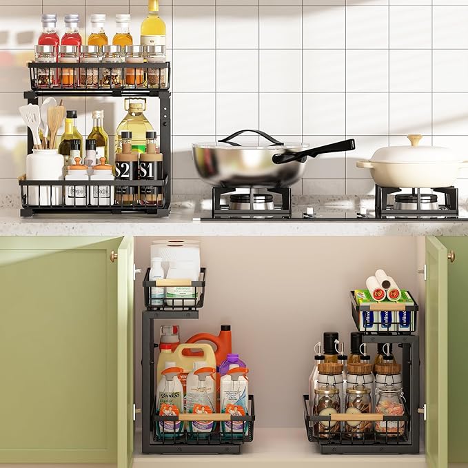 REALINN Under Sink Organizer, Height Adjustable 2 Tier Pull Out Cabinet Storage, L-Shaped Drawer Organizer for Kitchen Sink Organizer, Bathroom Organizers and Storage, Smooth Sliding Rails, Black