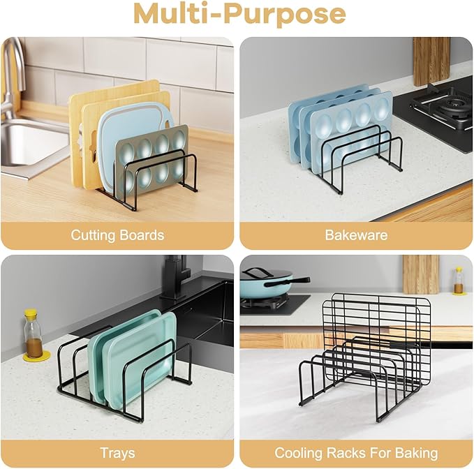 Fikoksol Cutting Board Organizer and Baking Sheet Rack, 1-Pack Black Heavy Duty Metal Cookie Sheet Organizer for Cutting Board Storage & Plate Holder for Cabinet, Tray Dividers for Cabinets