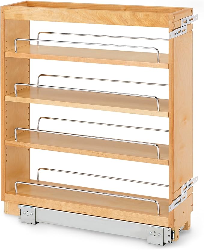 Rev-A-Shelf Maple Pullout Organizer for Full Height Base Cabinets, Full Extension Slides & Adjustable Shelves, Min Opening Width of 5.5", 448-BC-5C