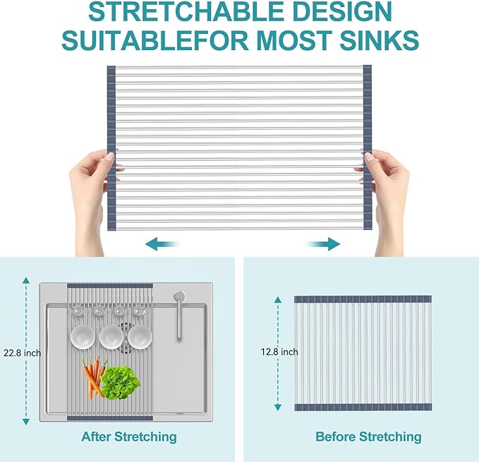 BBXTYLY Extra Large Expandable Roll Up Dish Drying Rack,Over The Sink Drying Rack Sink Cover Kitchen Sink Accessories Kitchen Rolling up Stainless Steel Drainer, Foldable,Rollable(Grey,22.8''-17.3'')