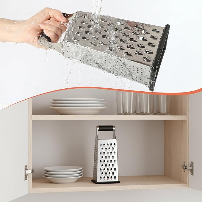 Supercenter Cheese Grater, Size 4-Sided Stainless Steel Box Grater, Food Shredder for Cheese, Parmesan, Vegetable, Dishwasher Safe, Black