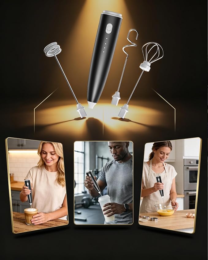 Portable Milk Frother Handheld,Electric Drink Mixer & Wand, 3 Detachable Stainless Steel Whisks, 3 Adjustable Speeds Quiet, USB C Rechargeable for Coffee, Latte, Matcha, Home & Kitchen (Black)