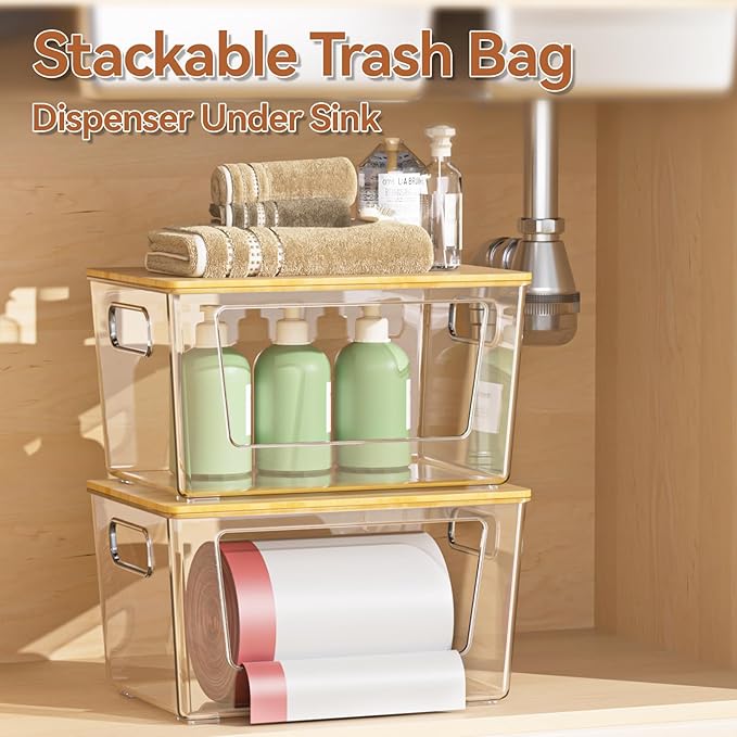 spospo 4 Pack Trash Bag Holder with Bamboo Lid, Stackable Trashbag Dispenser, Extra Large Garbage Bag Holder for Kitchen Laundry Room Under Sink Organization and Storage