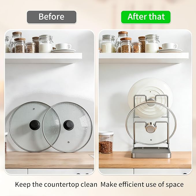 304 Stainless Steel Pot Lid Holder While Cooking, Pot Lid Organizer Rack with Drip Tray for Stove Top, Multifunctional Kitchen Countertop Organizer Space Saving Lid Holder (Silver)