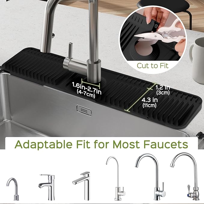 24 Inch Silicone Faucet Mat for Kitchen Sink Splash Guard โ Upgraded Draining Mat with Water Tray Behind Faucet โ Countertop Protectors to Catch Spills (Black, 24" x 5.5" )