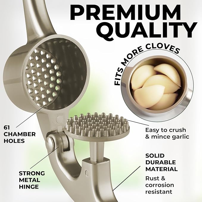 Zulay Kitchen Large Premium Garlic Press Set - Bigger Bowl for Bigger Garlic - Rust Proof Garlic Mincer Tool - Easy-Squeeze, Easy-Clean Silicone Garlic Peeler & Brush (Silver)