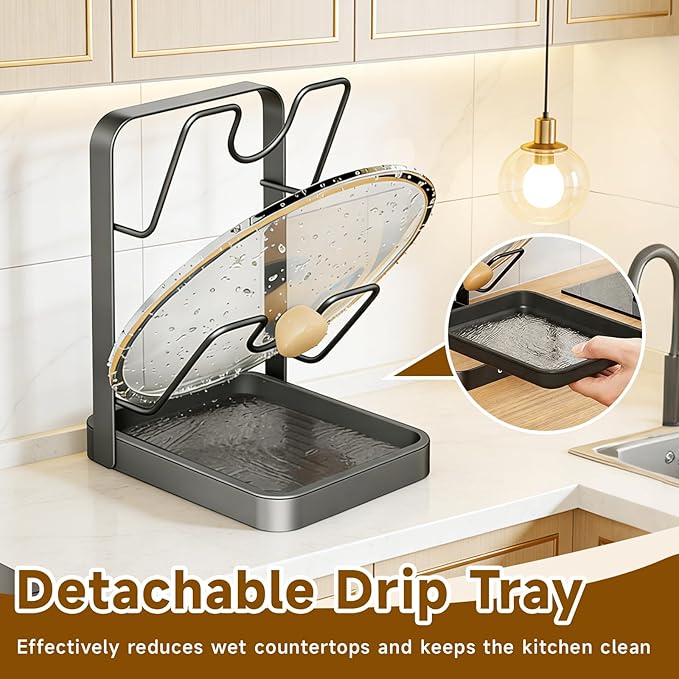 Kitchen Pot Lid Storage Rack, 2-Tier Lids Holder with Detachable Drip Tray While Cooking, Multifunctional Countertop Organizer for Cutting Boards, Ladles and Pan Covers