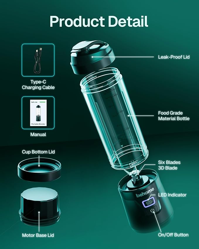 Behome Portable Blender Smoothies and Shakes, Personal Juicer 14 OZ BPA Free Portable Cups, USB-C Rechargeable, Dishwasher Safe Parts - Mini Small Blenders Cup Fits Home, Office, Gym, Travel
