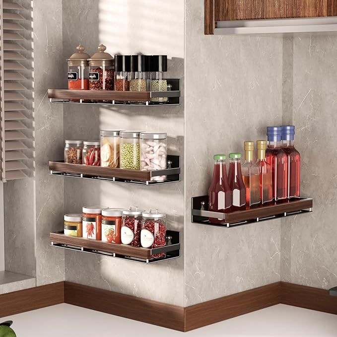 Walnut Magnetic Spice organizer for Refrigerator Wall Mount Spice Rack Magnetic Fridge Shelf Spice Jar Seasoning Organizer (Walnut 4 Pack)