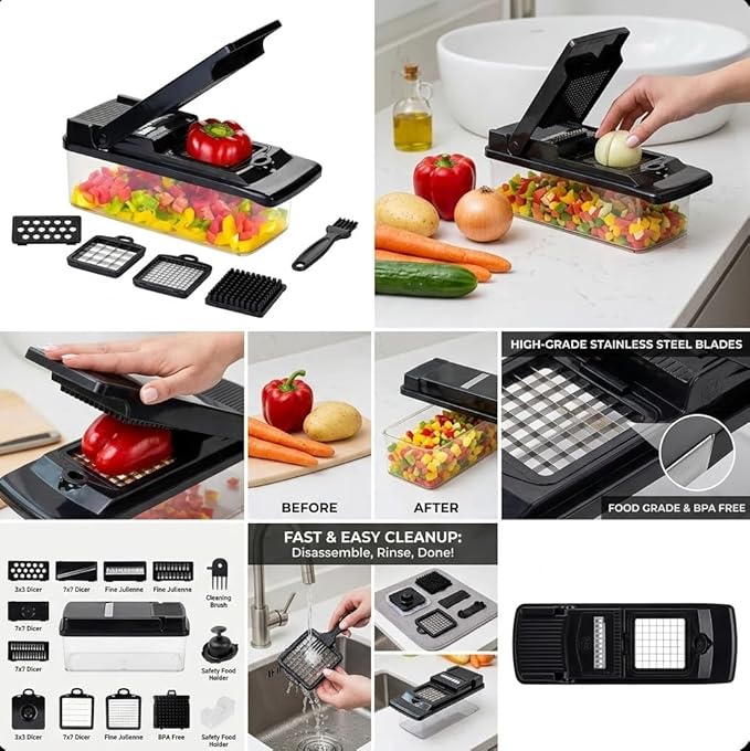 Hand‑Press Vegetable Chopper with Container – Manual Multi‑Blade Food & Onion Chopper, Premium Vegetable Cutter Manual for Kitchen Meal Prep