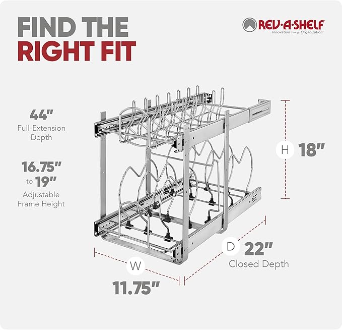 Rev-A-Shelf 2-Tier Kitchen Cabinet Pullout, Cabinet Organizer for Pots, Pans, and Lid Cookware, Adjustable Heavy Duty Wire, Min Opening Width of 11.5", Chrome, 5CW2-1222-CR