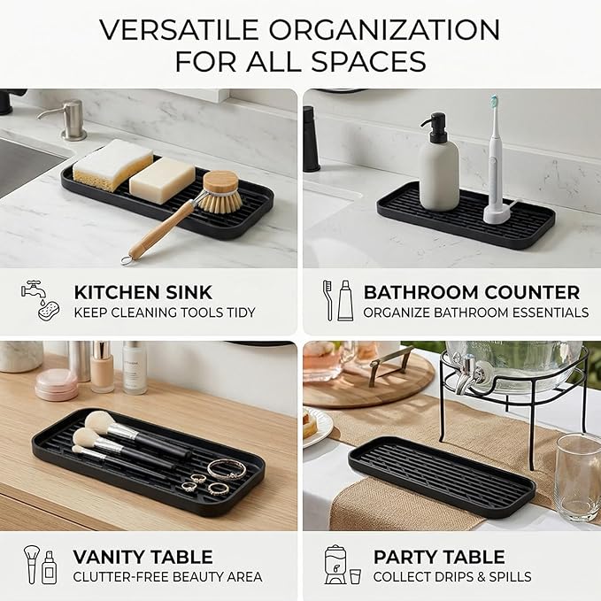 Silicone Organizer Tray, Soap and Sponge Holder for Kitchen Sink, Bathroom - Storage Tray for Dish Brush, Soap Dispenser, Dishwashing Accessories-(Black 1 Pack, 12"x4.7")
