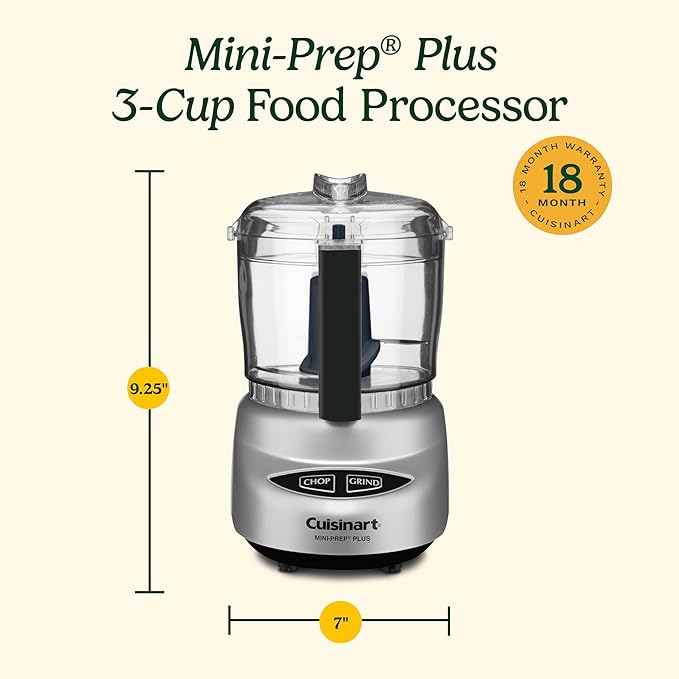 Cuisinart Mini-Prep Plus Food Processor, 3 Cup Mini Food Processor to Chop Herbs, Vegetables, and Hard Cheese, 3 Cup Work Bowl, Reversible Stainless Steel Blade, DLC-2ABC, Brushed Chrome
