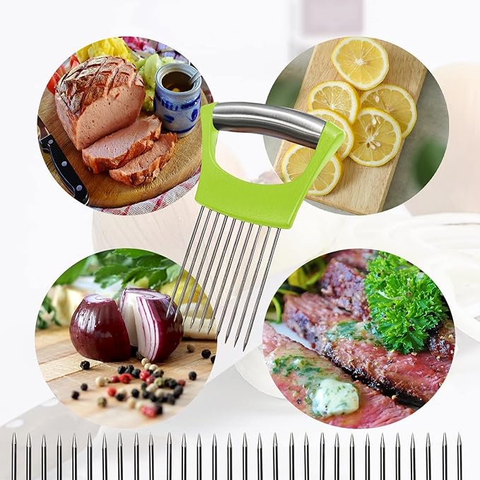 Onion Holder for Slicing - Multi-Purpose Kitchen Tool for Safe and Efficient Slicing of Onions, Tomatoes, Potatoes, Apples, and More | Stainless Steel Vegetable Cutter & Meat Tenderizer 2 PCS